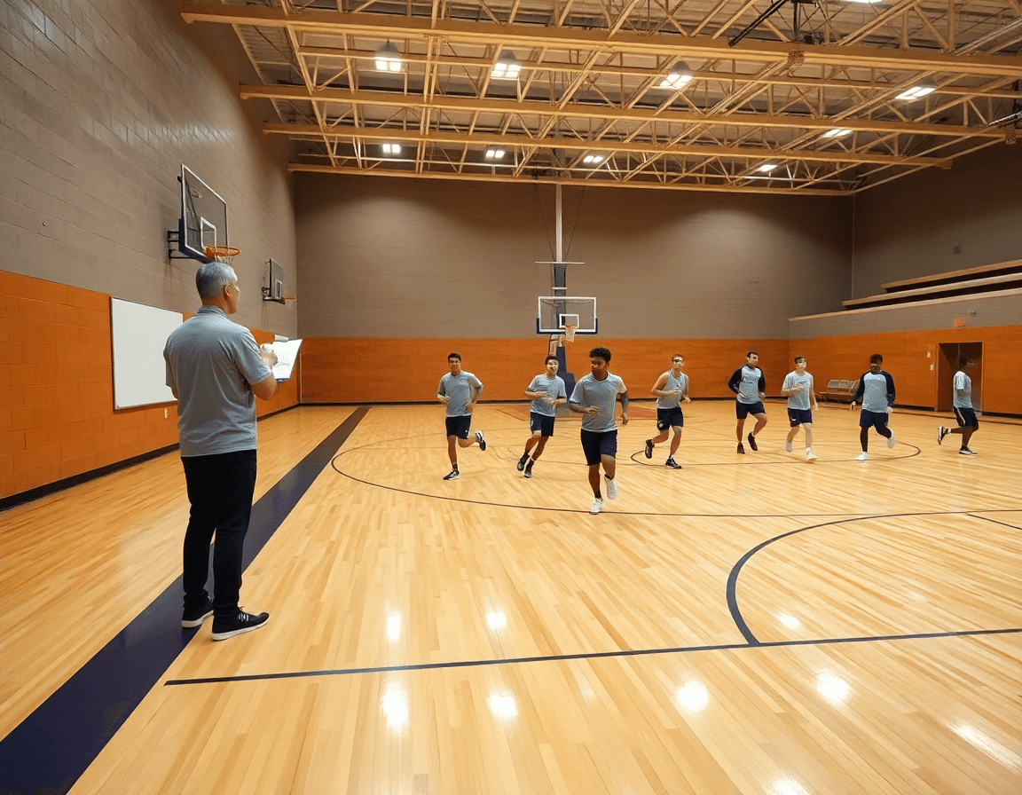 Vaste scène de gymnase pendant l'entraînement: coach et équipe autour du playbook basket.