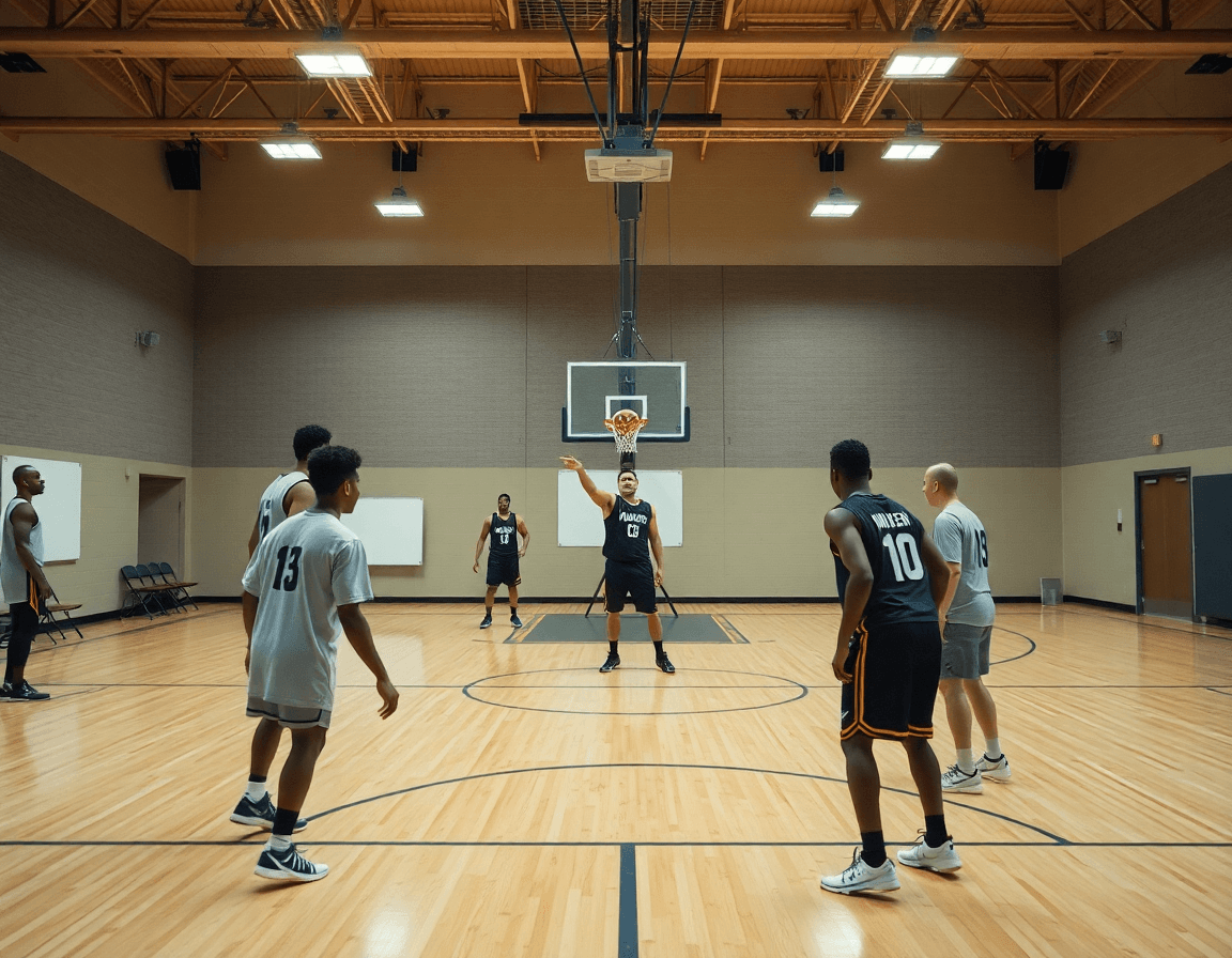 Plan large montrant les joueurs et le playbook basketball affiché sur le tableau blanc.