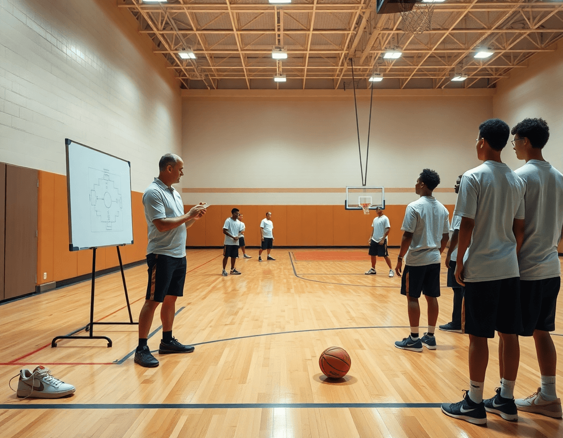 Grand plan dans une salle de basket avec le coach et le playbook basketball ouvert.