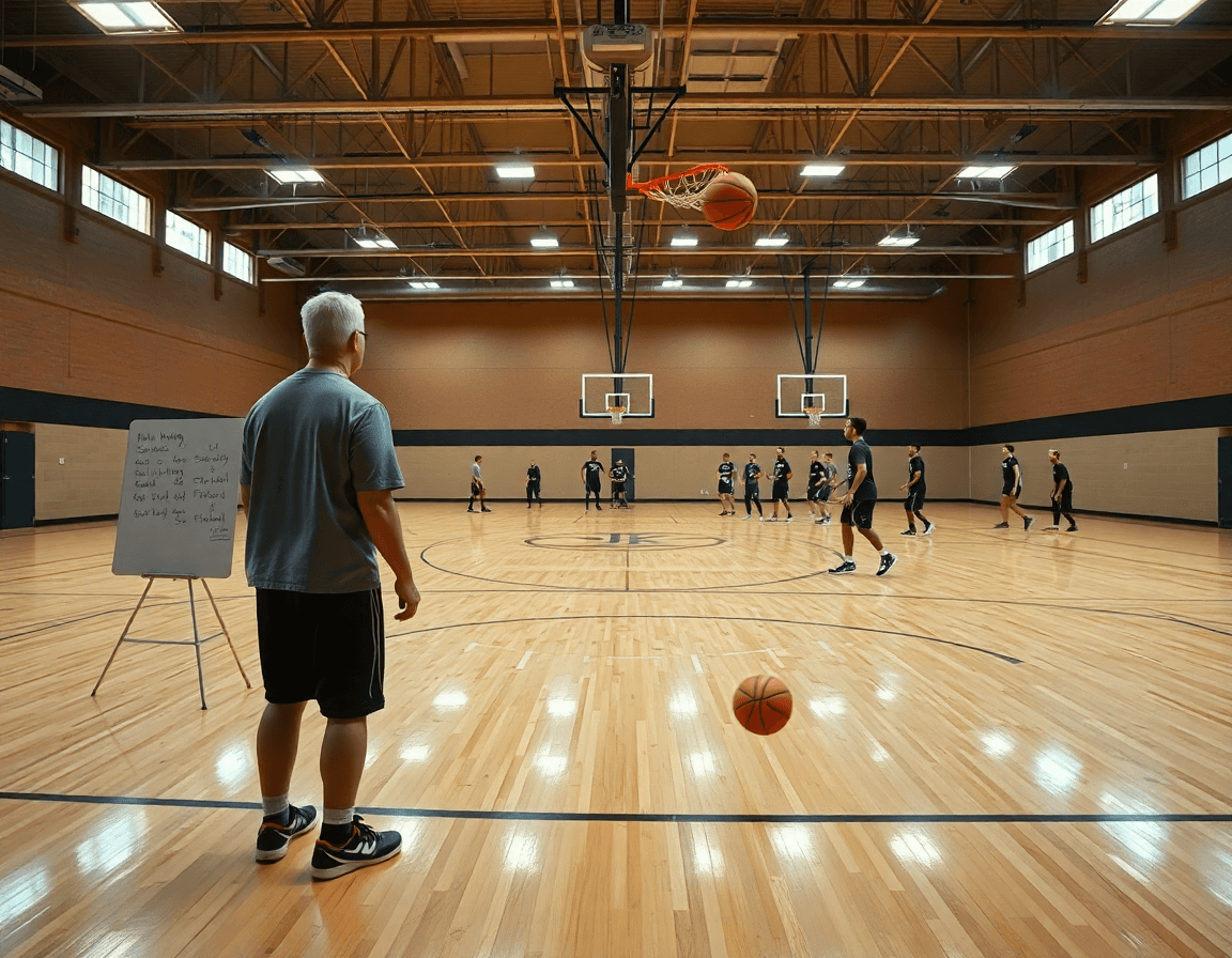 Photo d'ouverture: un gymnase de basketball montre poste haut poste bas basket en action.