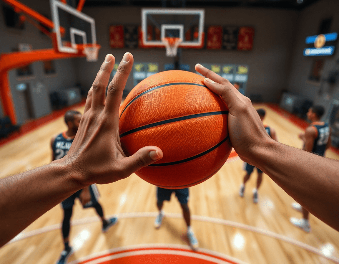 Plan rapproché sur les mains autour du ballon orange, match preparation basket france 2025 en action.