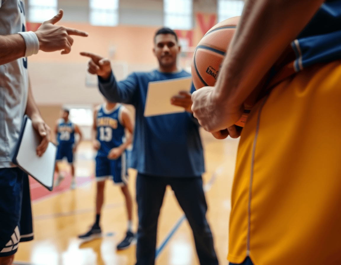 Plan serré sur les mains tenant un basketball lors du programme entrainement basket U15 sur parquet.