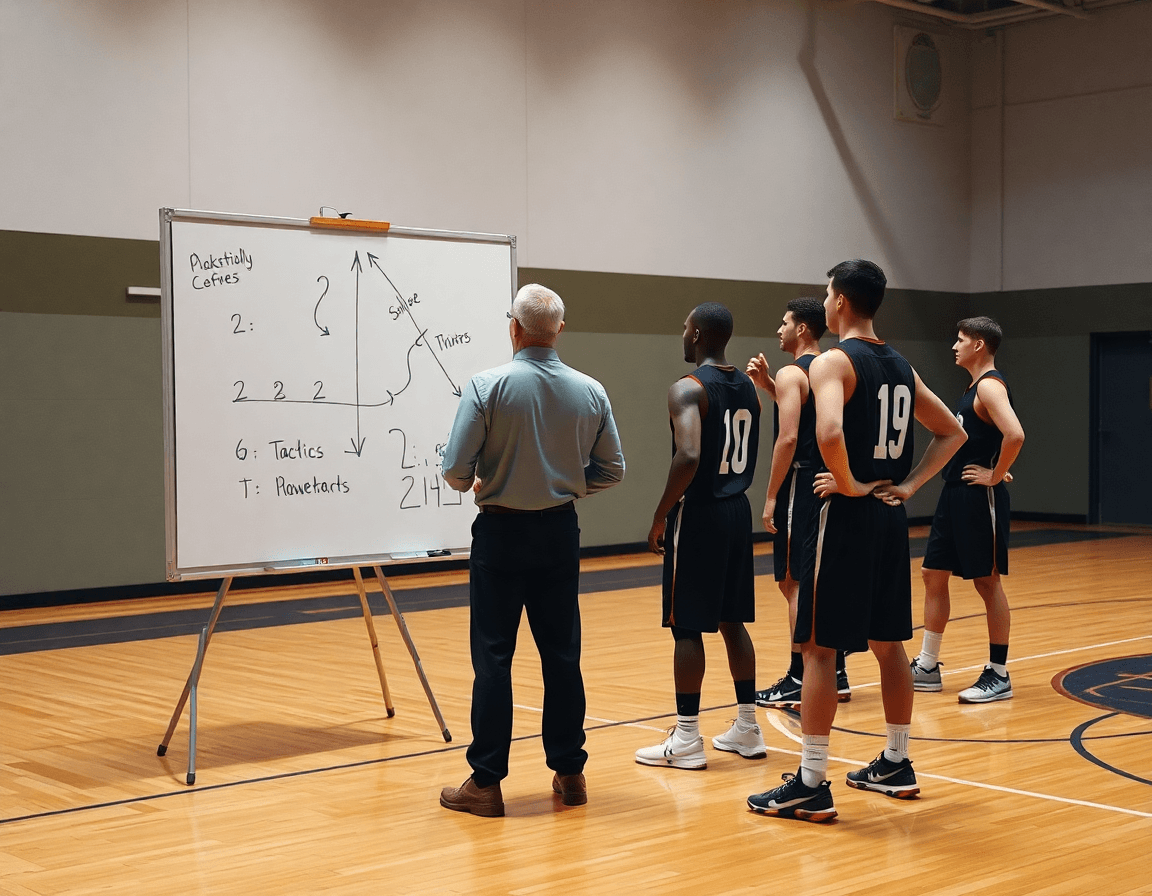 Plan moyen du coach devant un tableau tactique, pendant le programme entrainement basket U15 sur le terrain.
