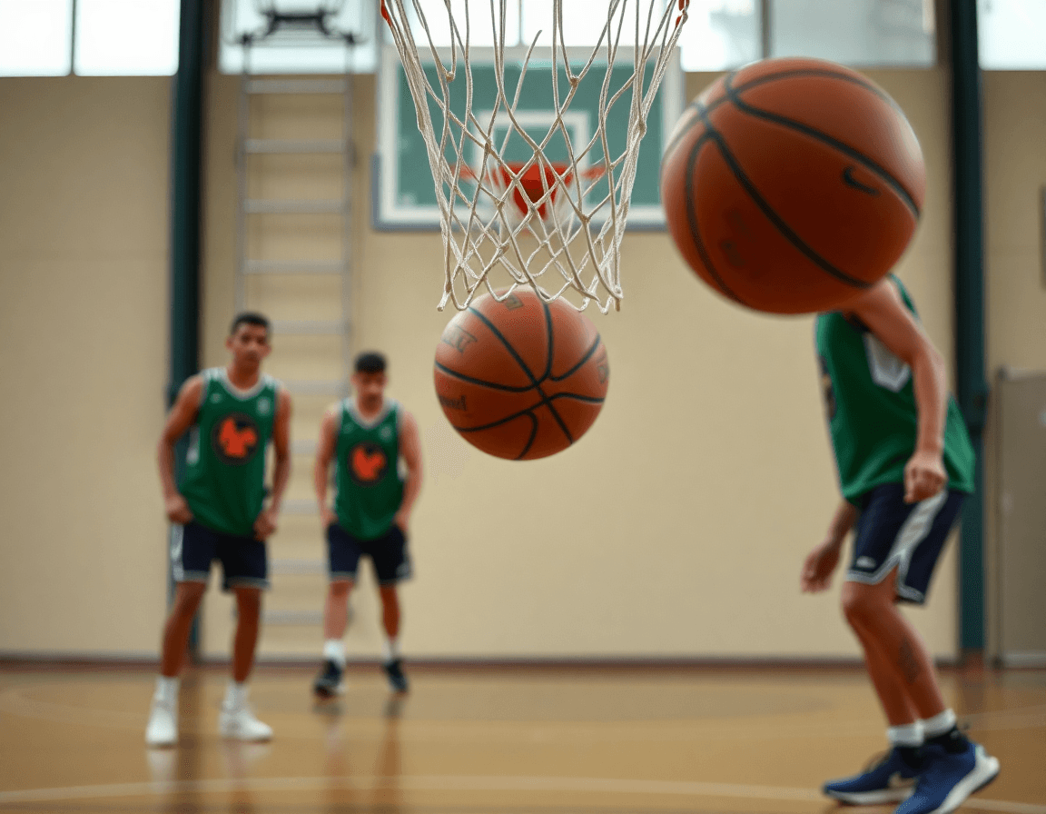 Gros plan sur les mains passant un basketball pendant un basketball drill du programme entrainement basket U15.