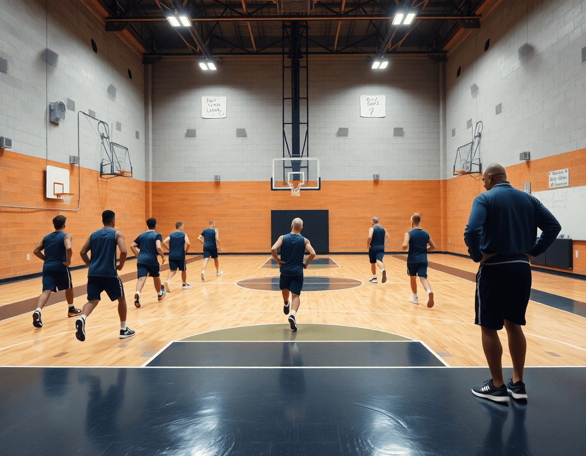 Vue d'ensemble d'un programme entrainement basket U15 sur un gymnase, coach et joueurs sur le parquet.
