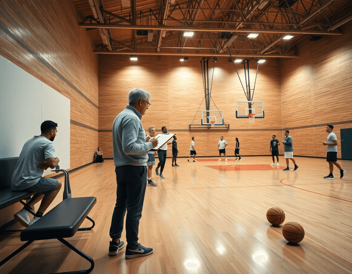 Vue large d’un gymnase de basketball, coach et équipe en entraînement sur court basketball.
