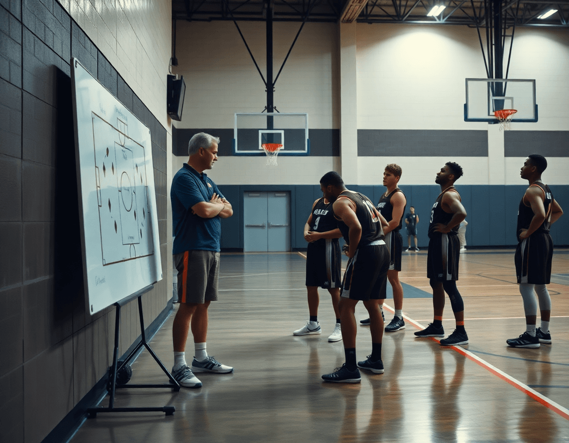 Coach montre un jeu sur tableau blanc, les joueurs écoutent attentivement, schema basket en tête.
