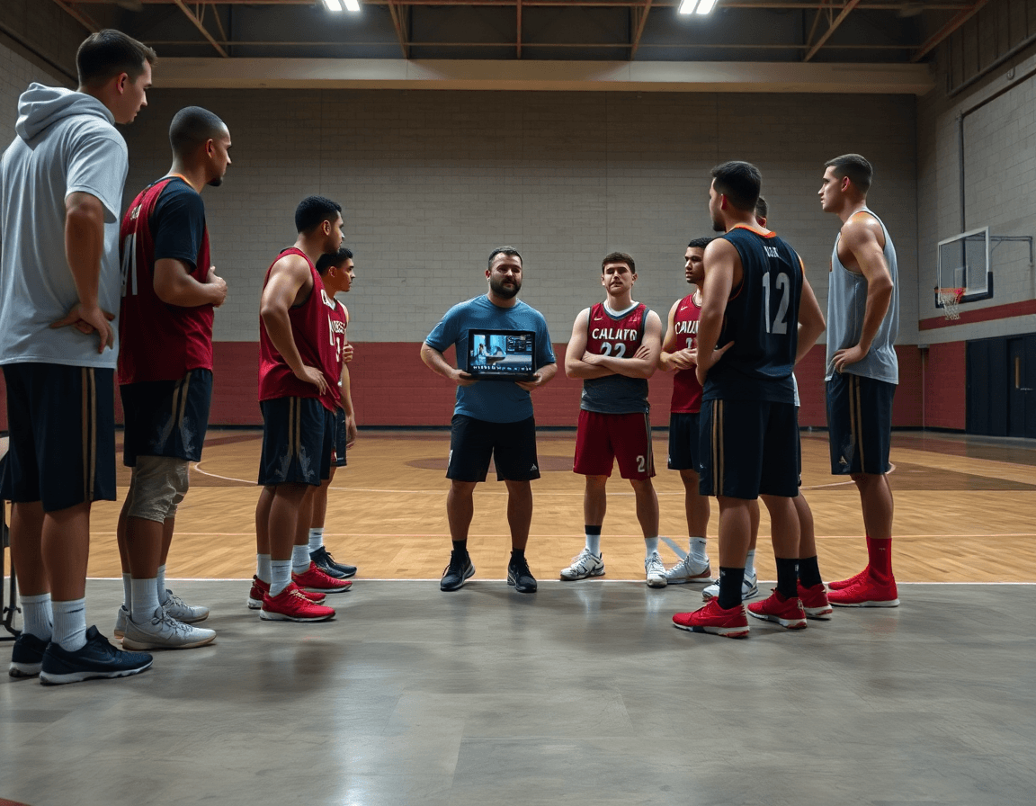 Les joueurs autour d'un ordinateur portable, le coach montre des clips et discute du schema basket.