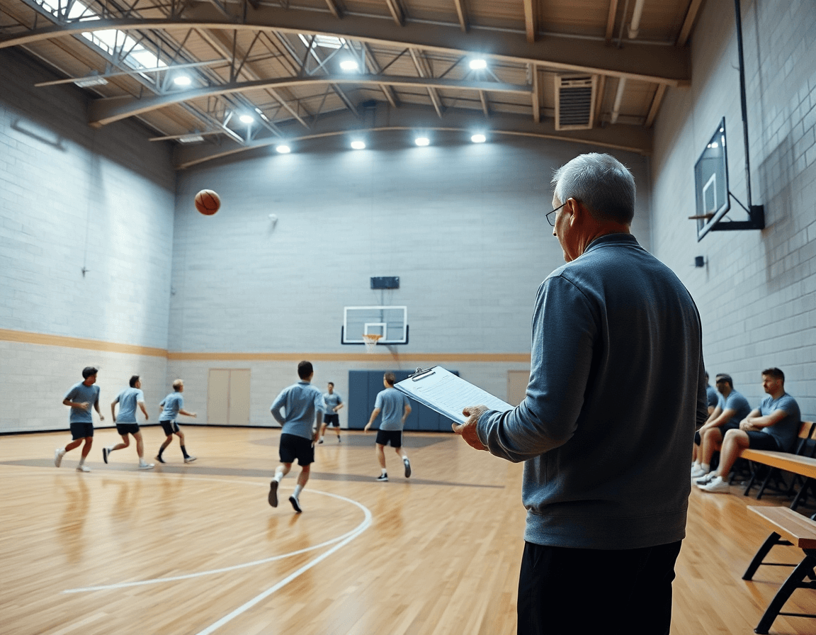 Vue générale d'un gymnase, coach avec un clipboard, équipe en plein entraînement sur terrain en béton, schema basket.