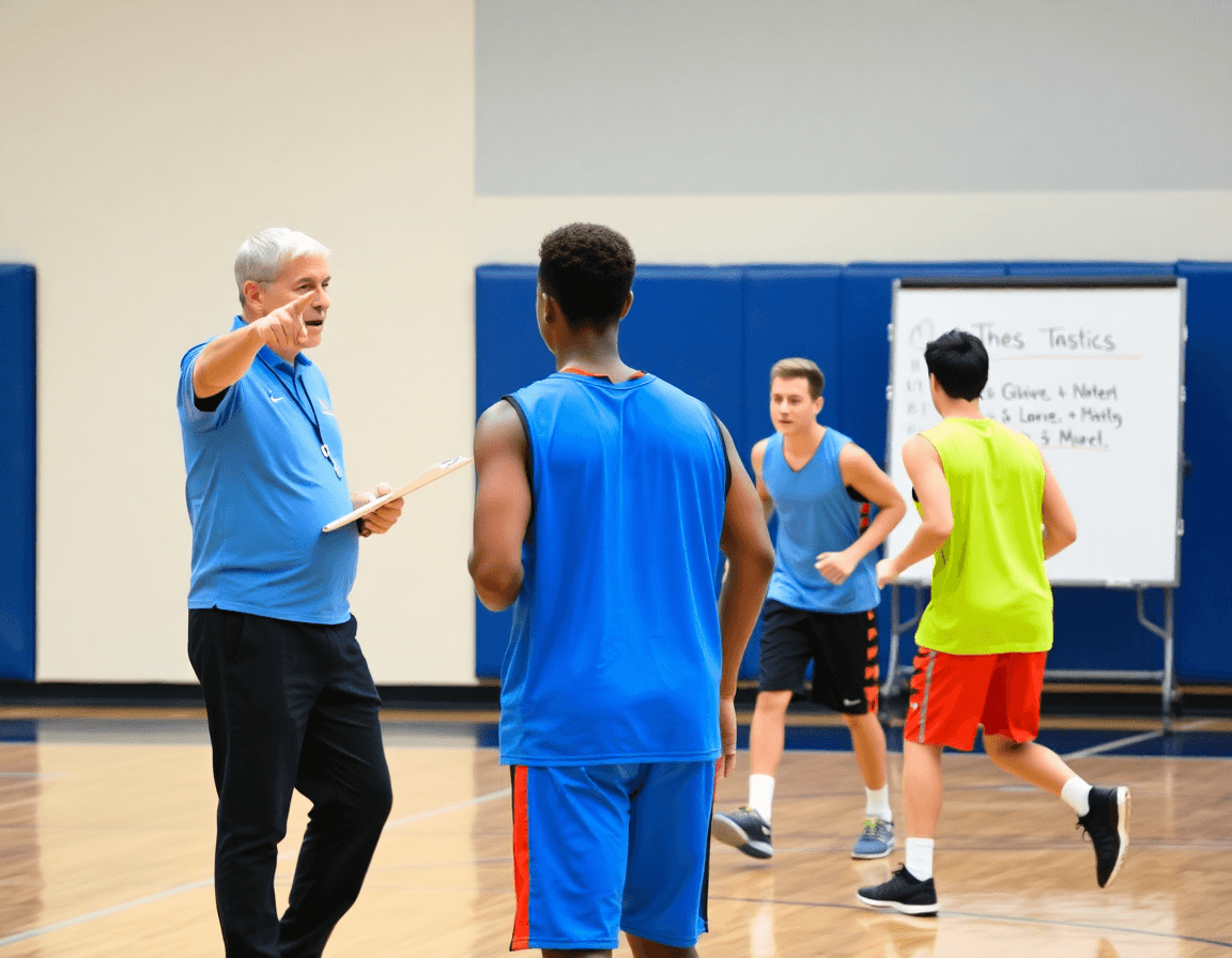 Le coach explique un schema entrainement basket sur la whiteboard pendant que les joueurs regardent.