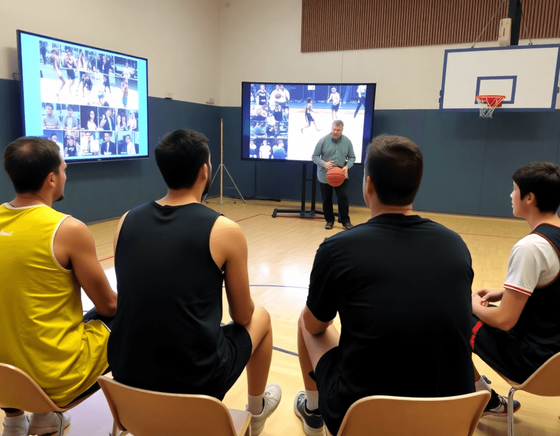 Équipe regardant des clips basketball sur un écran, le coach dirige une séance de feedback et progression basketball.