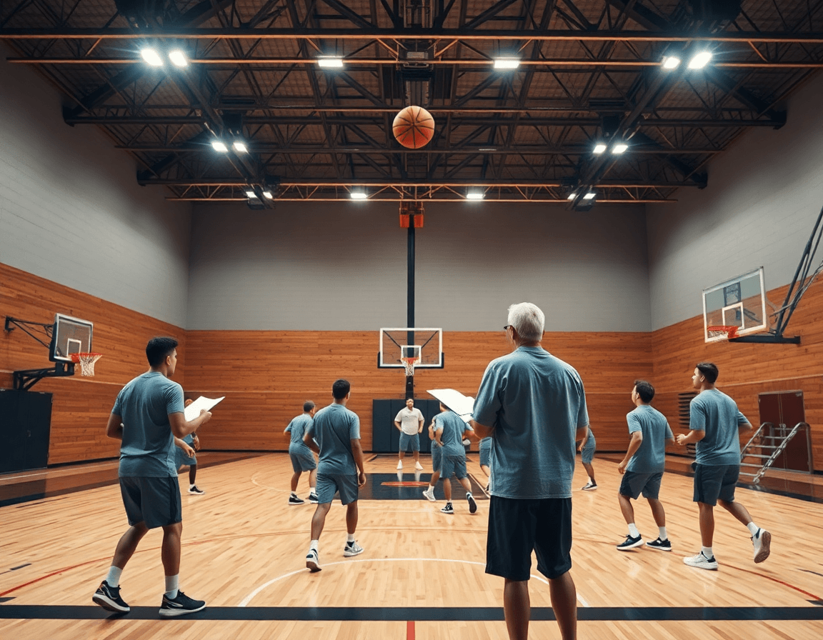 Vue large d'un coach et son équipe en basketball, schema entrainement basket visible sur un tableau.