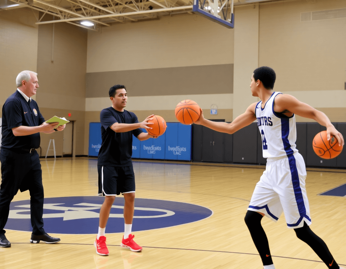 Plan rapproché d'un coach avec un tableau montrant le schema exercice basket.