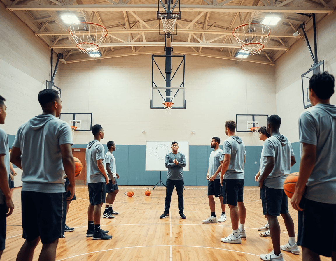 Plan large dans une salle de basket montrant le schema exercice basket d'un coach devant un tableau tactique.