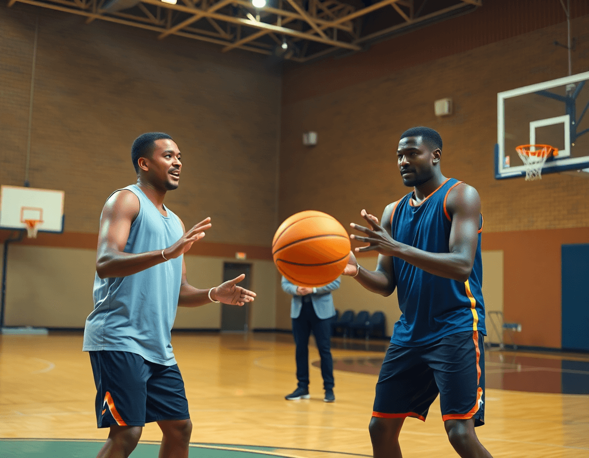 Deux joueurs de basketball s'entraînent sur le terrain; schéma tactique basket imaginé pour le basketball.
