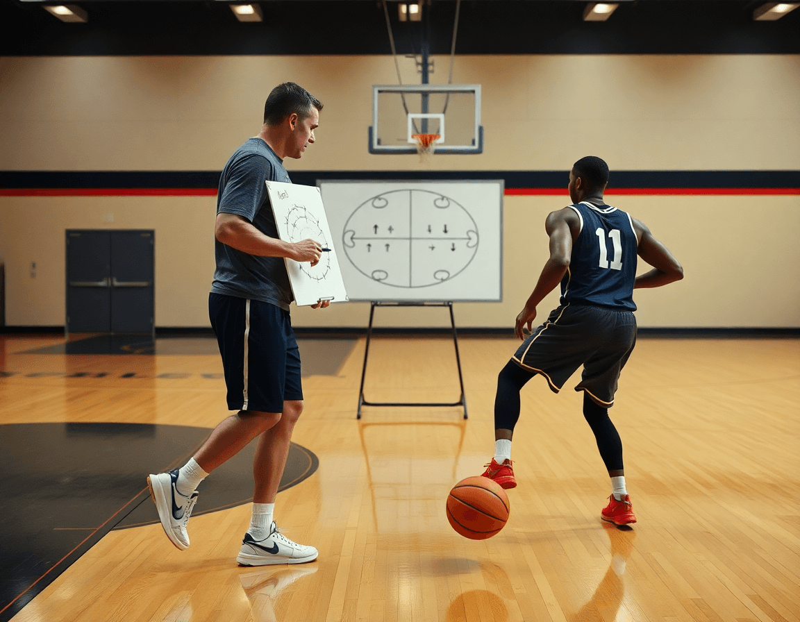 Le coach montre un schéma tactique basket sur le tableau pendant que les joueurs exécutent l'exercice.