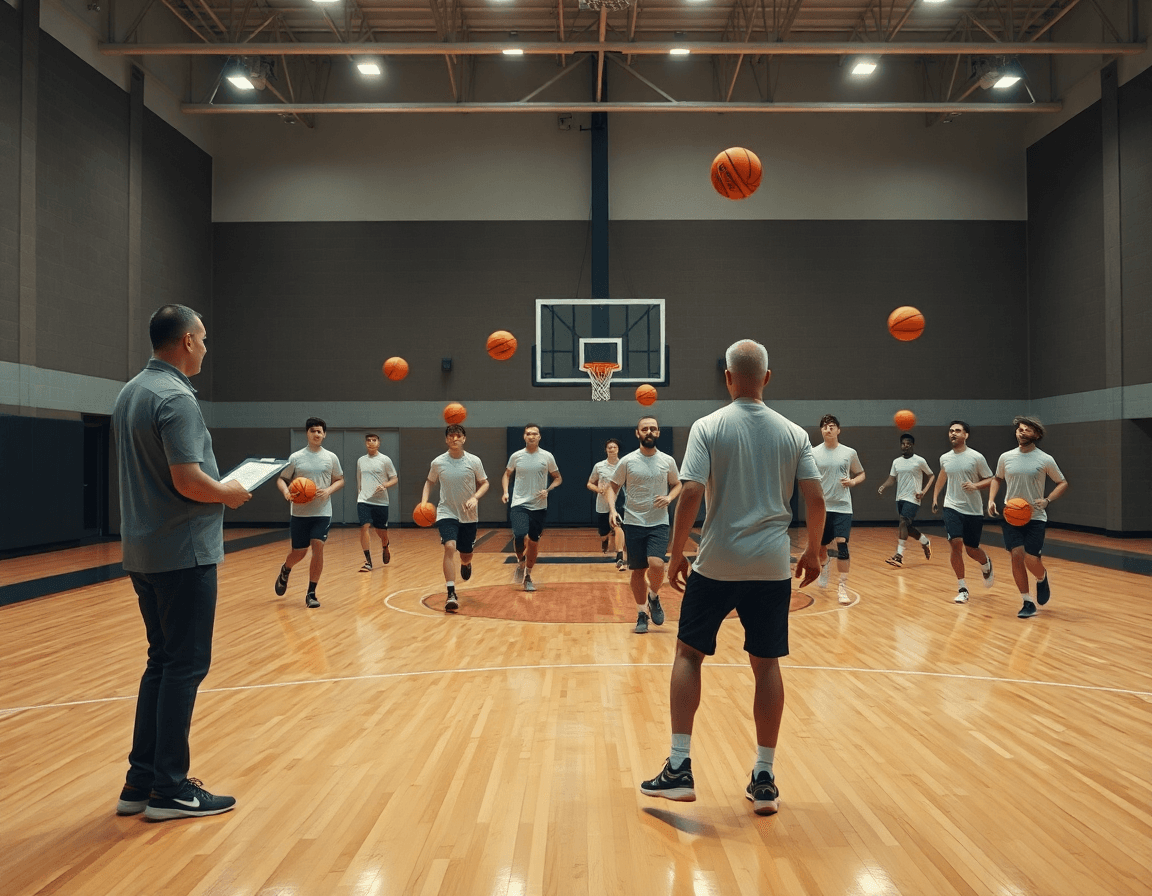 Vue large d'une salle de basketball montrant un coach et l'équipe; schéma tactique basket en action.