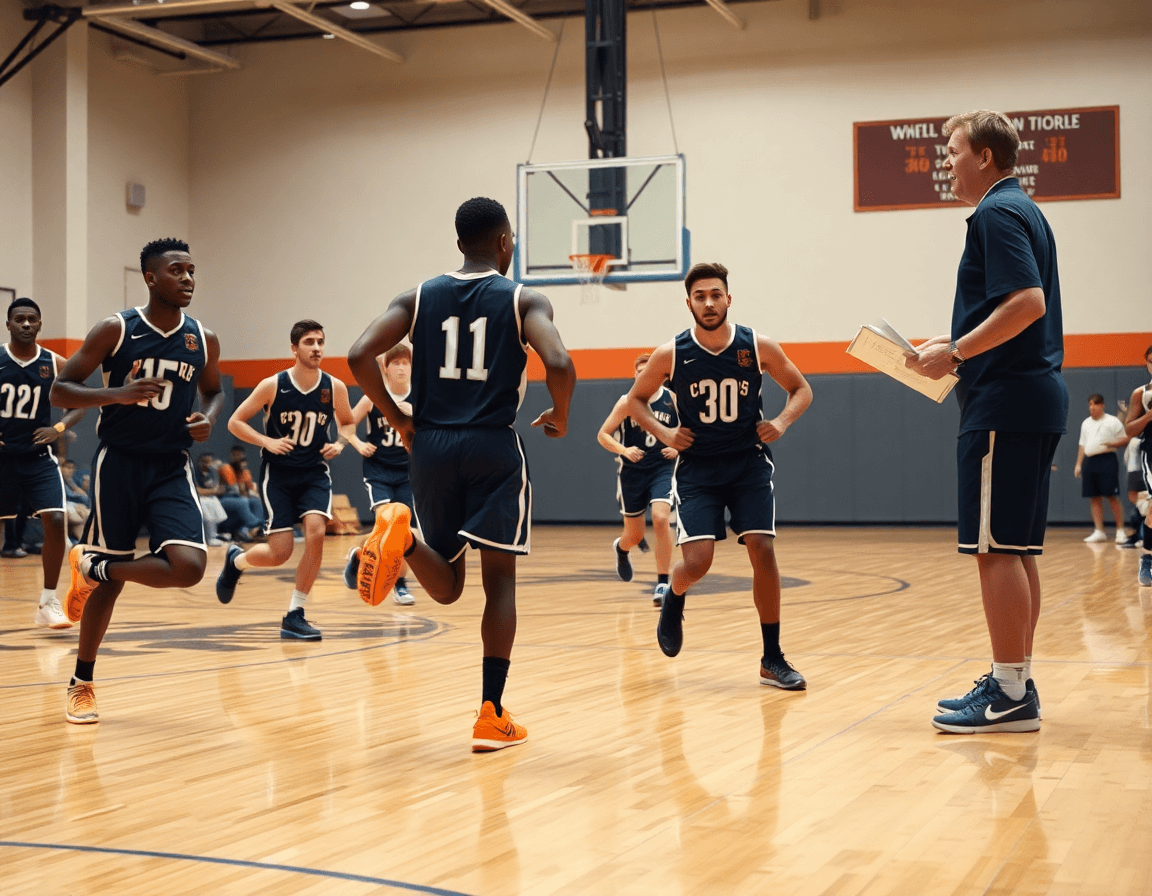 Gros plan sur les mains et le ballon pendant un exercice de basketball, statistiques basket affichées.