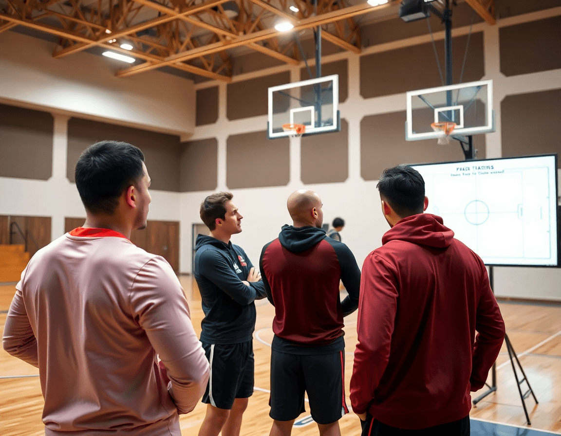 Vue rapprochée du coach utilisant le tableau blanc pendant une séquence basketball, statistiques basket présentes.