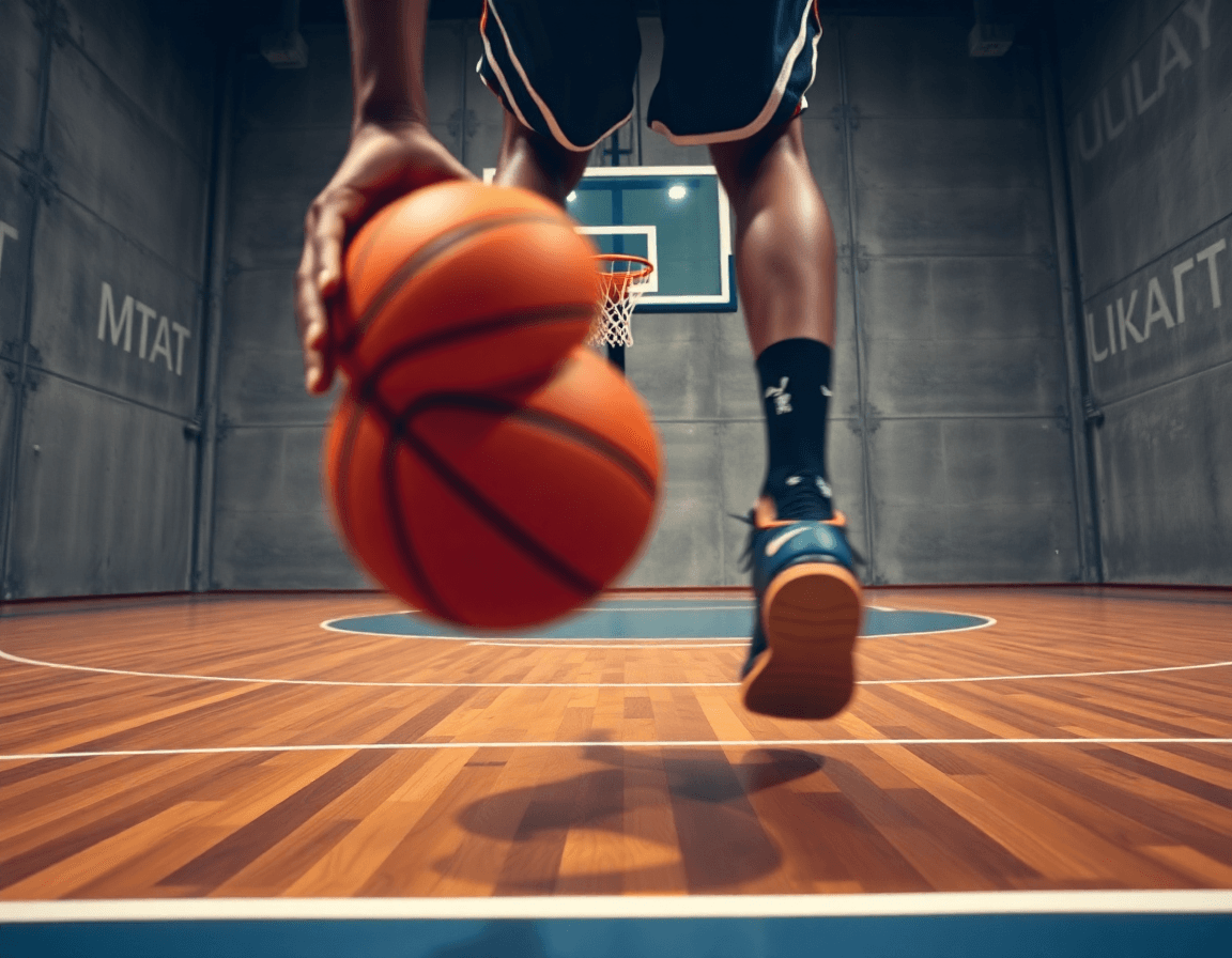 Plan serré sur le joueur dribblant vers le panier, tableau arrière et mur visibles, statistiques basket utiles.