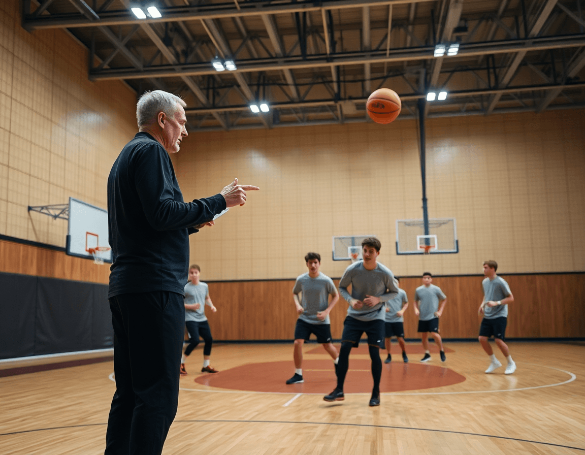 Scène large dans une salle de basket, le coach consulte un tableau et les statistiques basket sont visibles.