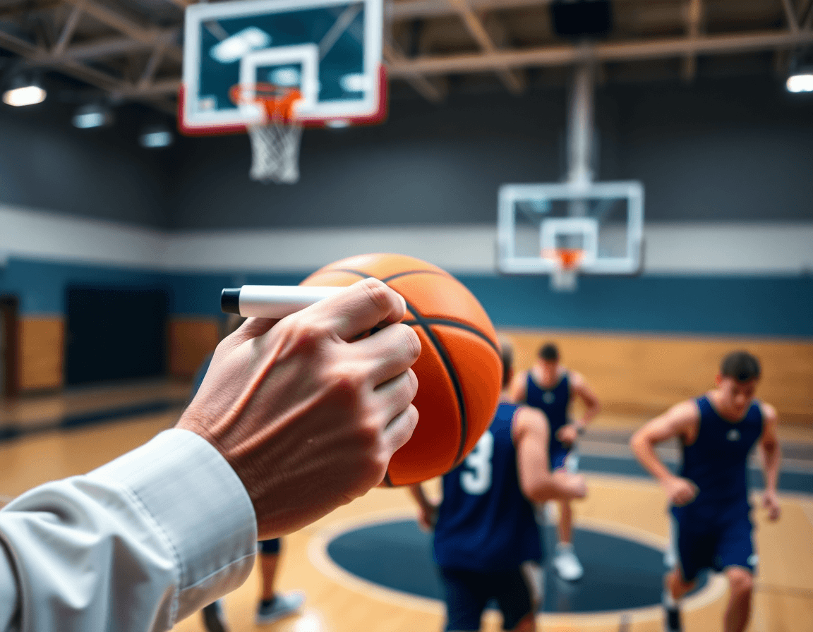 Plan rapproché sur l'entraîneur et le basketball, affichant l'application coach basket sur le tableau.