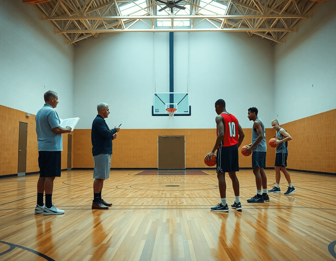 Plan moyen dans le gymnase, montrant l'application coach basket pendant le basketball.