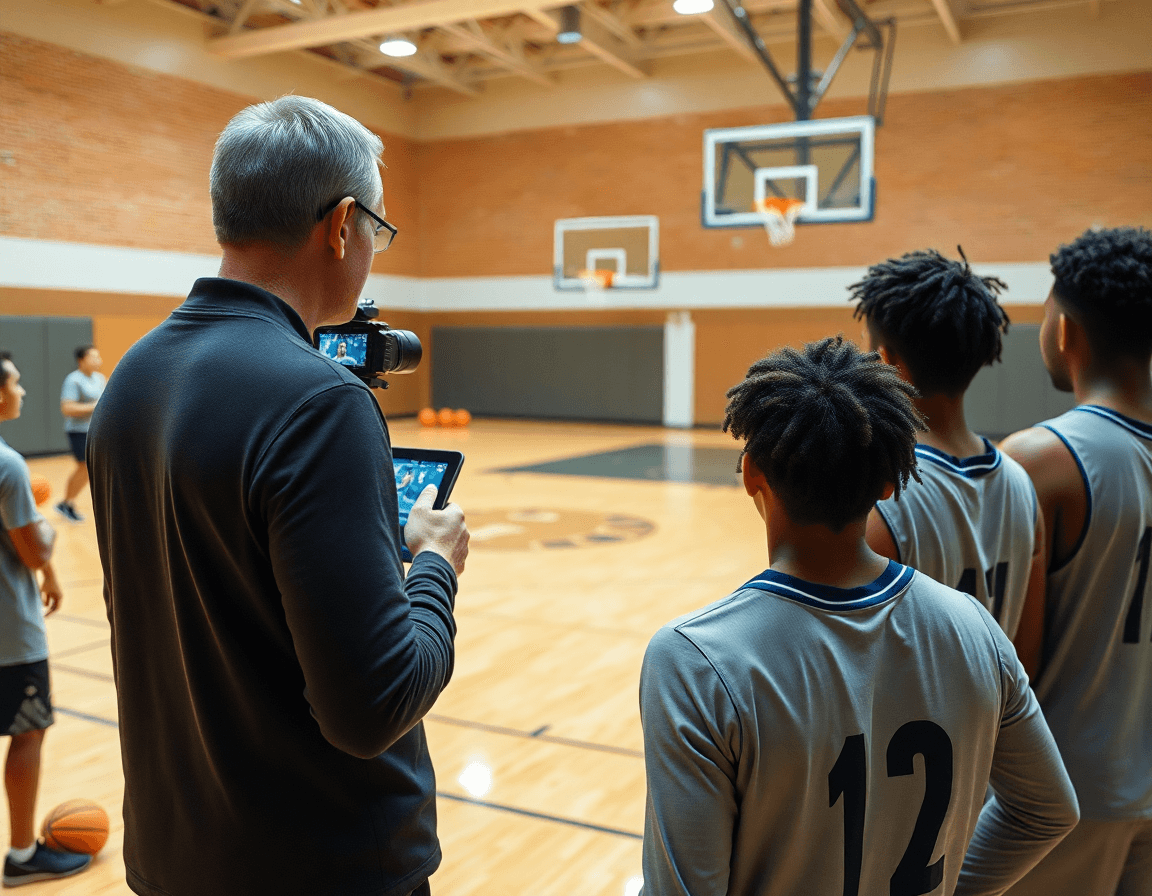 Plan rapproché sur une tablette montrant l'application coach basket et des clips basketball.