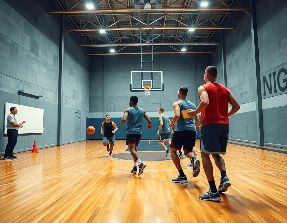 Vue large d'une séance de basketball avec l'application coach basket sur le bord du terrain.