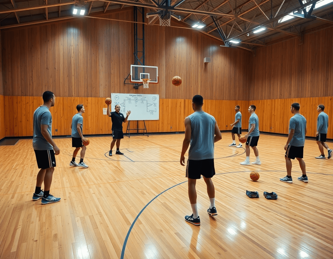 Équipe de basket en action en salle, le coach montre le système attaque basket sur le whiteboard.