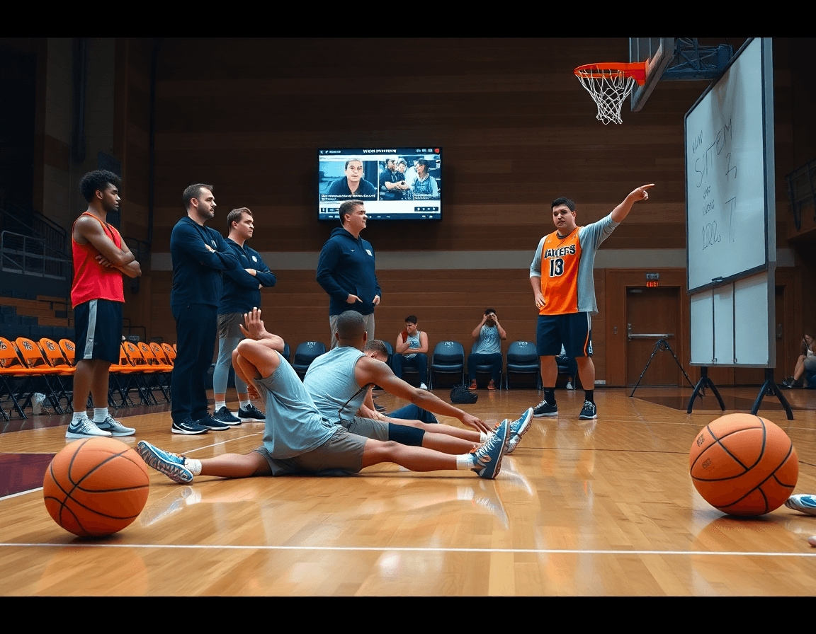 Coach et assistants regardent des clips; le système attaque basket est discuté près du mur.