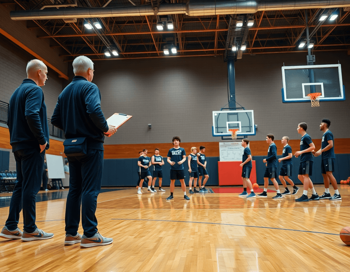 Vue large d'une salle de basket avec coach et équipe en pleine pratique, système attaque basket en action.