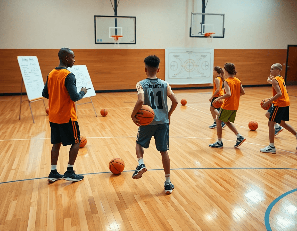 Entraîneur illustre le système attaque u15 basket sur tableau tactique devant les joueurs.