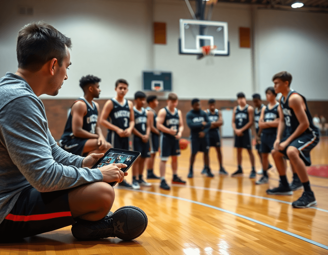 Équipe analyse des clips du système attaque u15 basket après la séance.