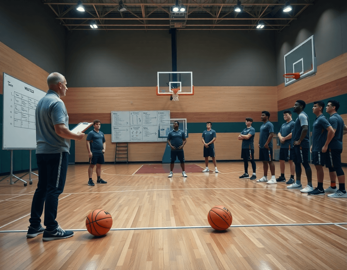 Vue panoramique d’un gymnase de basket montrant le système attaque u15 basket pendant l’entraînement.