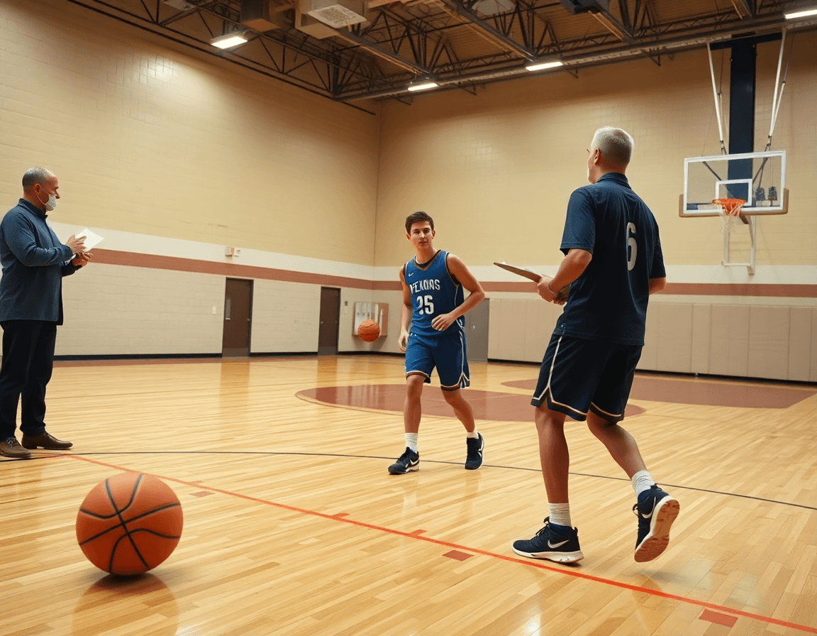 Plan serré sur deux joueurs de basketball sur un terrain en bois, coach au bord.