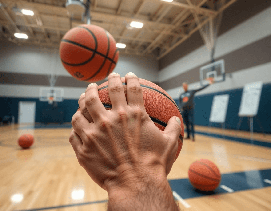 Plan serré sur les mains autour d'un basketball pendant un drill, le systeme basket, coach en arrière-plan.