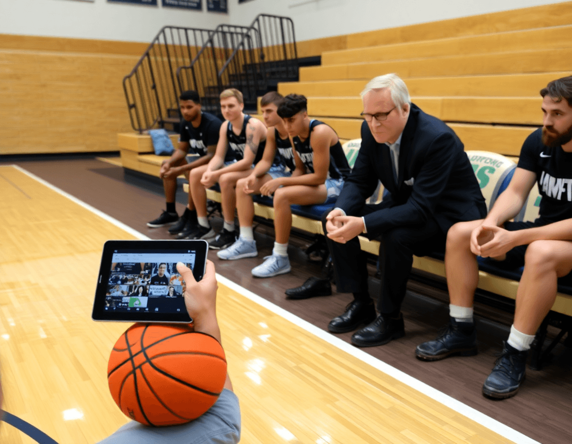 Coach présente clips de scouting sur une tablette pour le systeme basket, les joueurs regardent sur le bord.