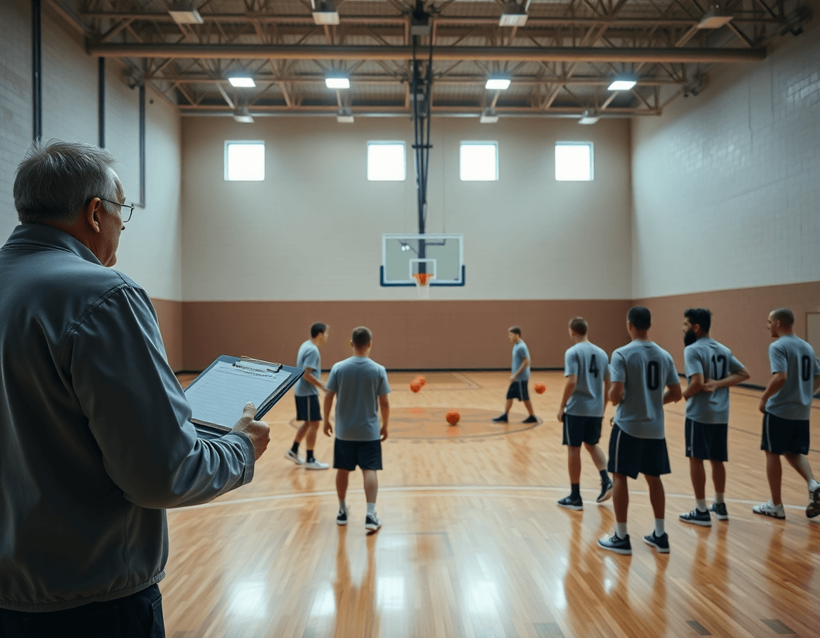 Vue large d'un gymnase de basket-ball, coach dirigeant le systeme basket en action.