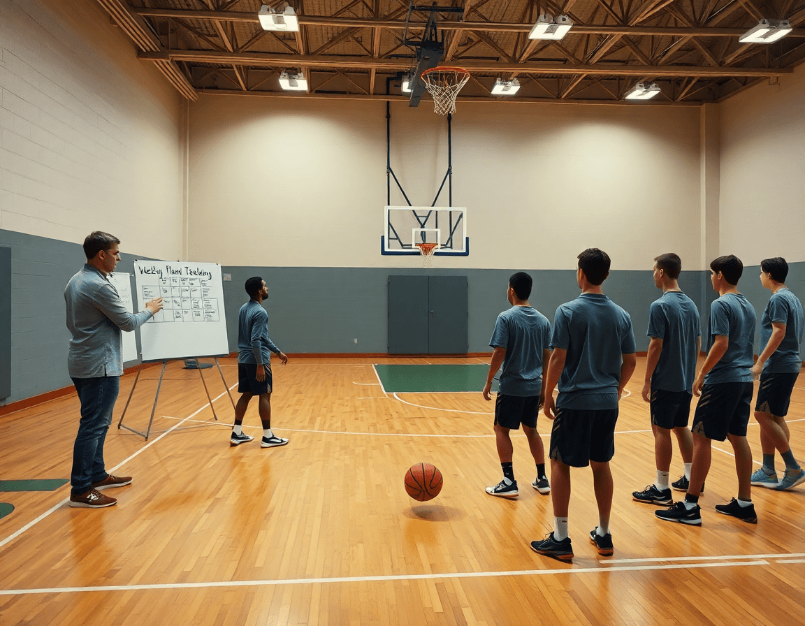 Plan hebdomadaire systeme de jeu basket u15 sur le tableau blanc dans la salle.