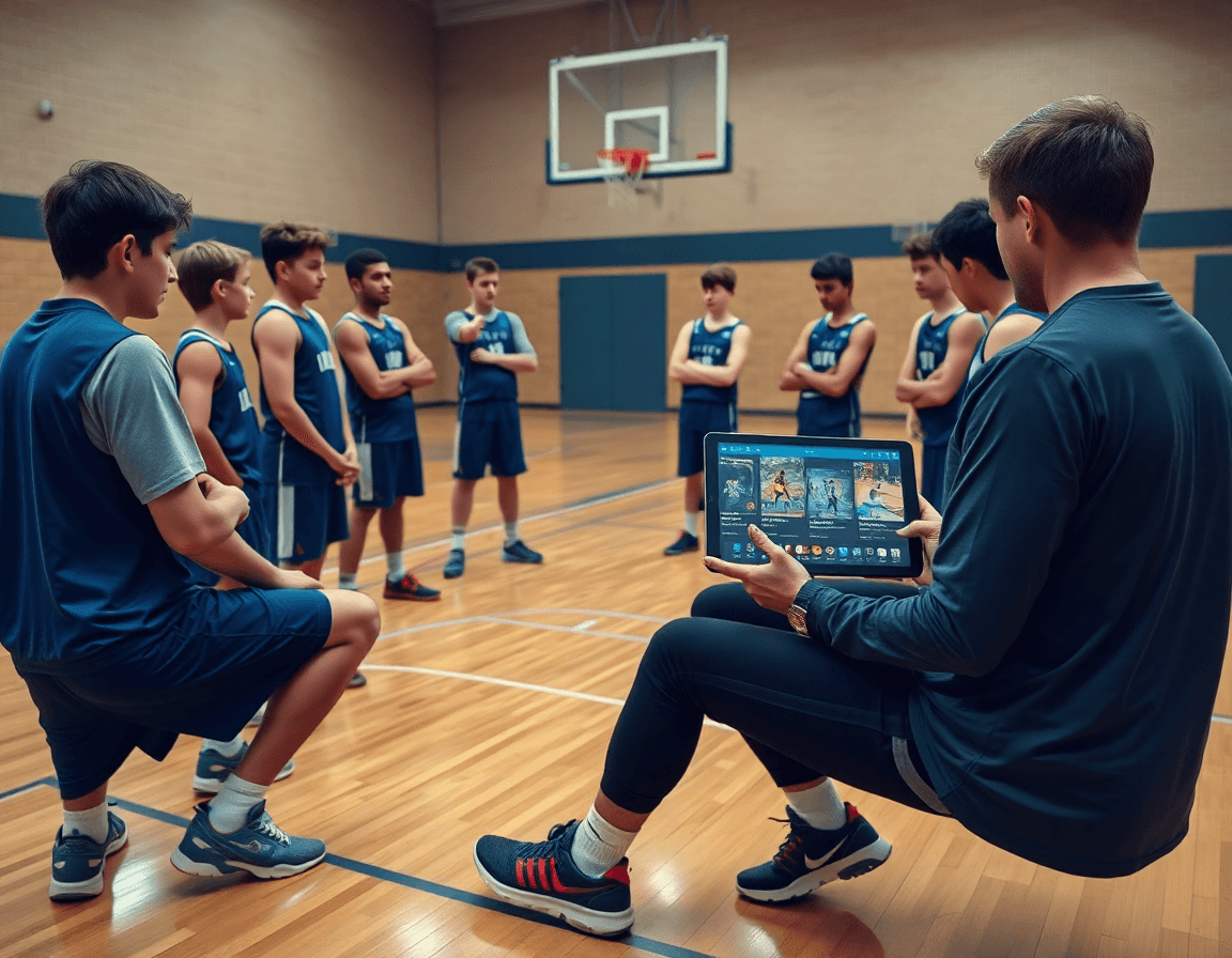 Coach partage des clips systeme de jeu basket u15 sur une tablette avec les joueurs.