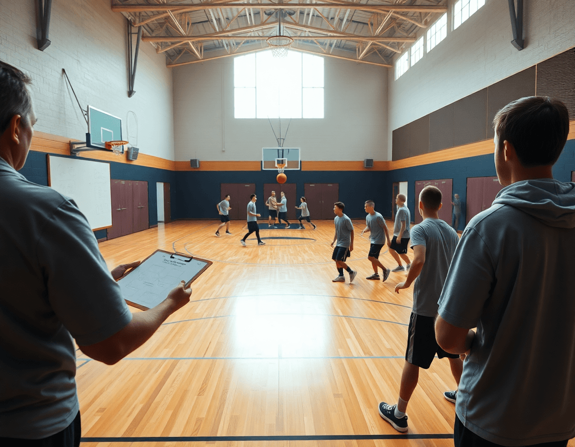 Vue large d'un systeme de jeu basket u15 en entraînement collectif dans une salle.