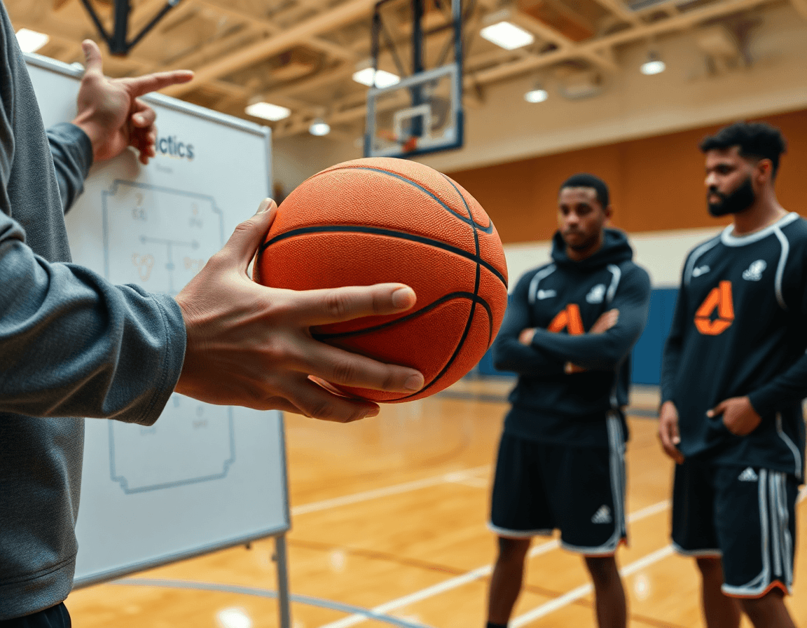 Plan rapproché sur l'entraîneur tenant un ballon et montrant le systeme zone basket sur le whiteboard.