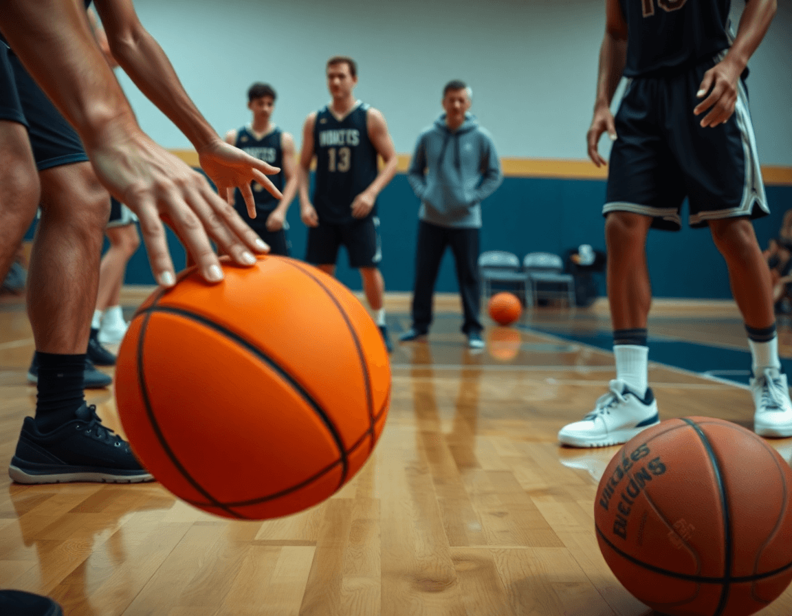 Plan serré sur les mains et le basketball pendant le systeme zone basket en pratique.