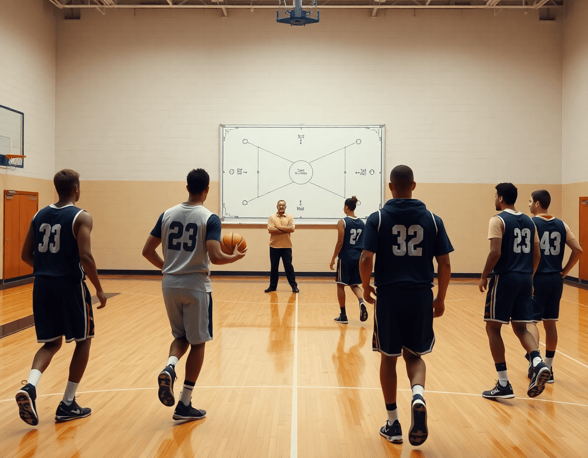 Plan large montrant un coach expliquant systeme zone basket sur whiteboard pendant que l'équipe basketball se déplace.