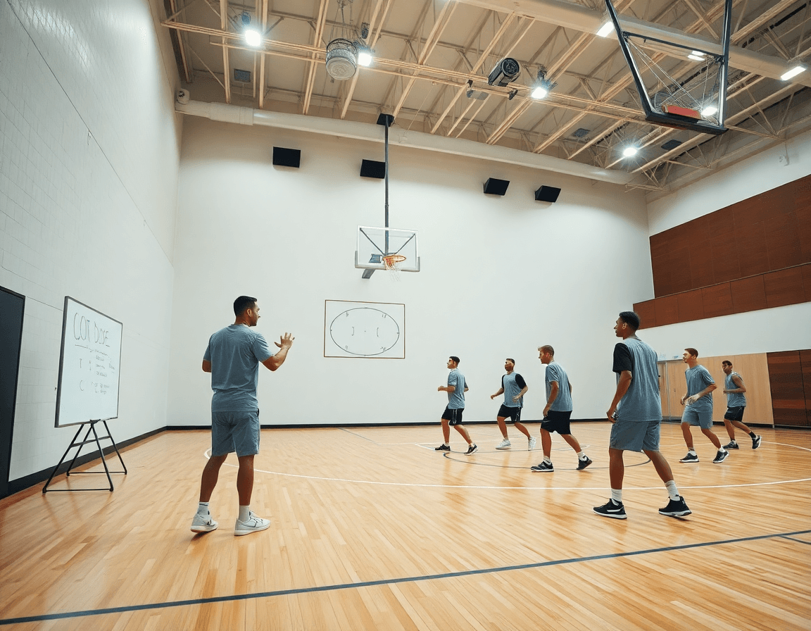 Vue large d'une salle de basket avec l'entraîneur et l'équipe pendant le systeme zone basket.