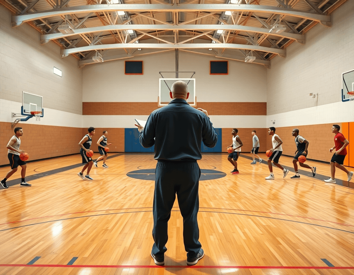 Plan de séance: tableau tactique basket sur le banc, coach guide les joueurs et leurs passes.
