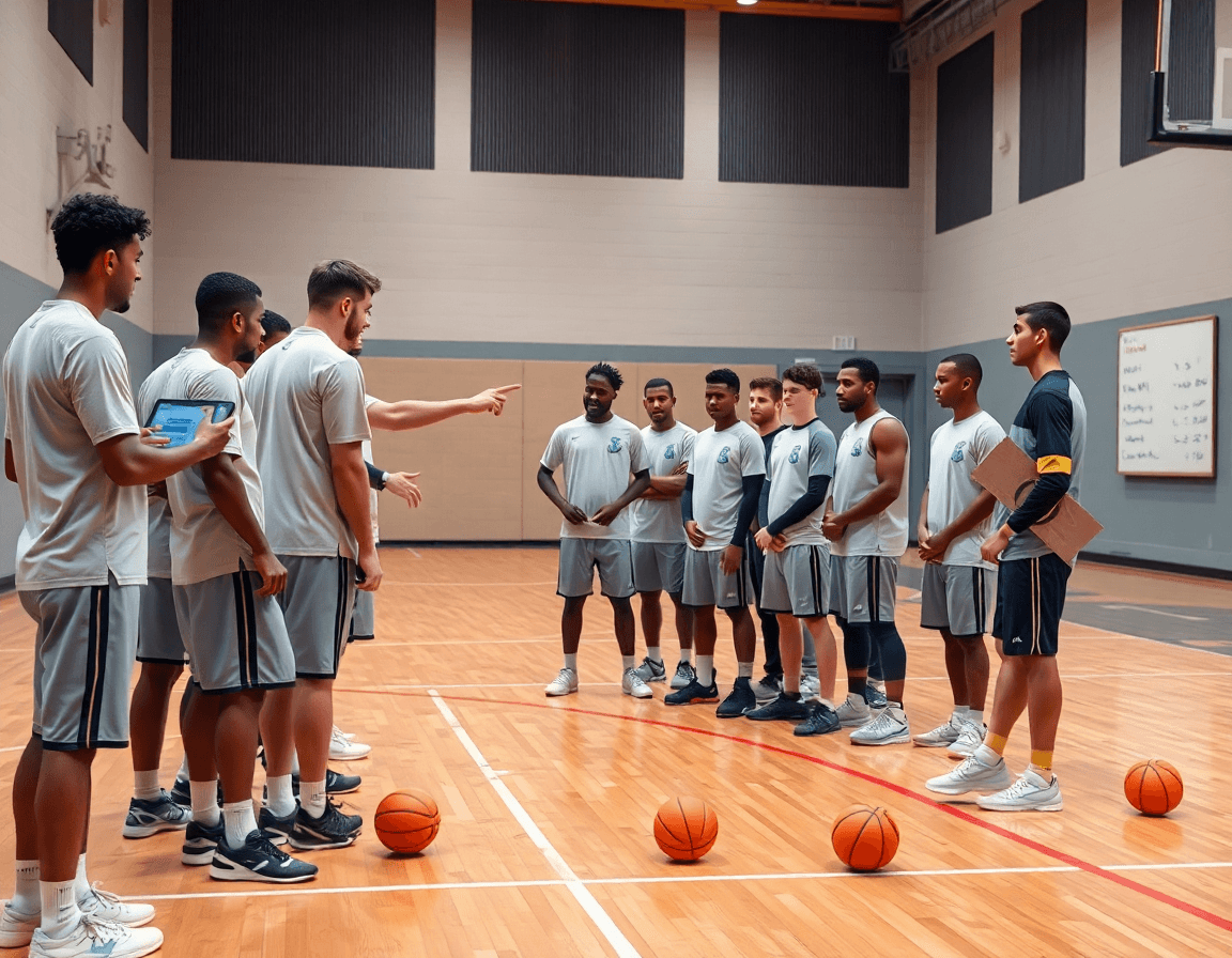 Équipe partage rapide: tableau tactique basket et écran montrant les plays, interaction en gym.