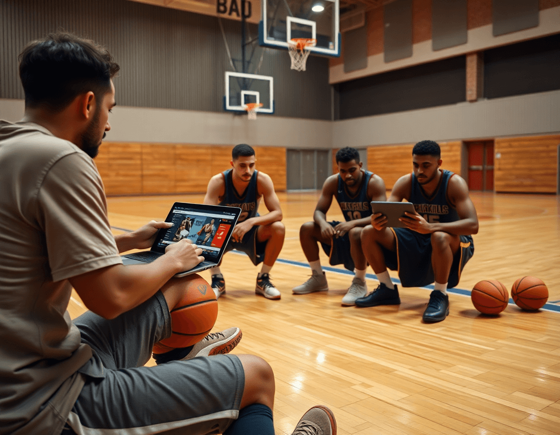 Contrôle vidéo: tableau tactique basket, analysant les clips et playlists sur écran dans le gym.