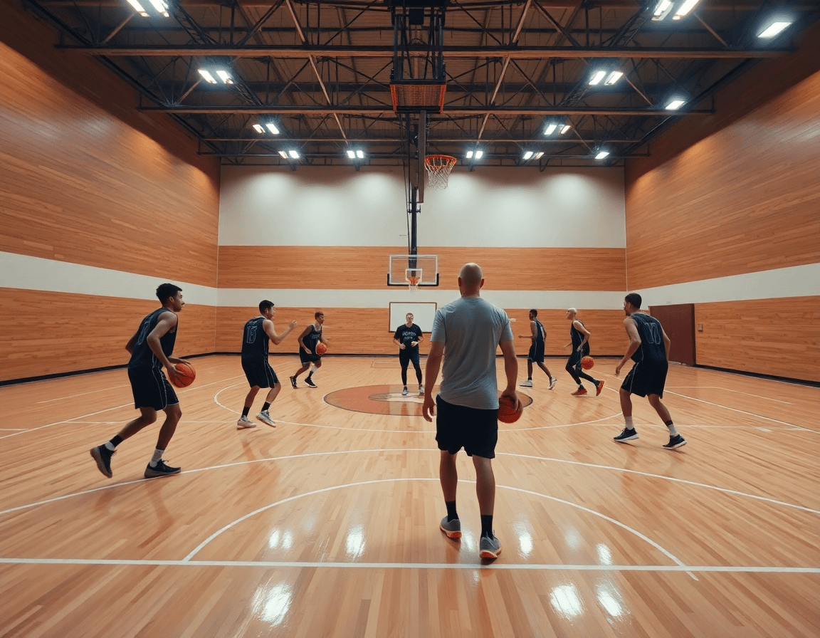 Tableau tactique basket sur le parquet, coach et joueurs analysent les plays en action.